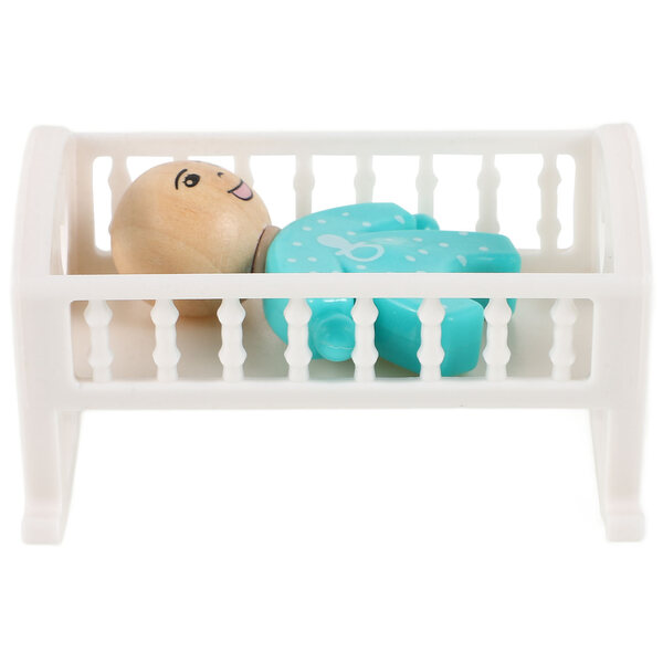 Mini letto doppio in legno per bambole con microbambola, arredo dollhouse
