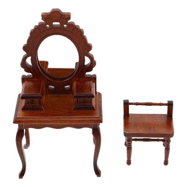 Toeletta vittoriana in legno in miniatura per una casa delle bambole con specchio