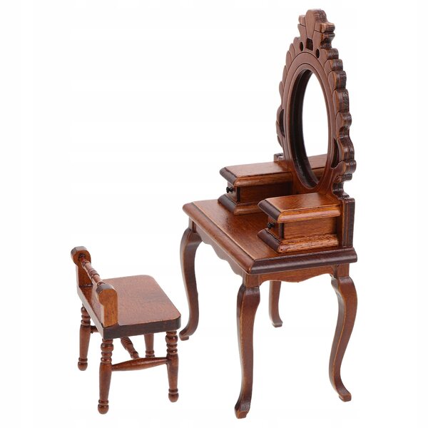 Toeletta vittoriana in legno in miniatura per una casa delle bambole con specchio