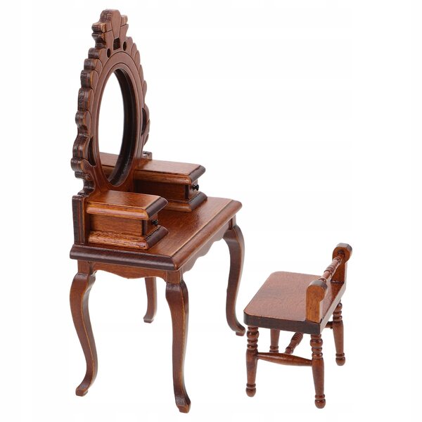 Toeletta vittoriana in legno in miniatura per una casa delle bambole con specchio
