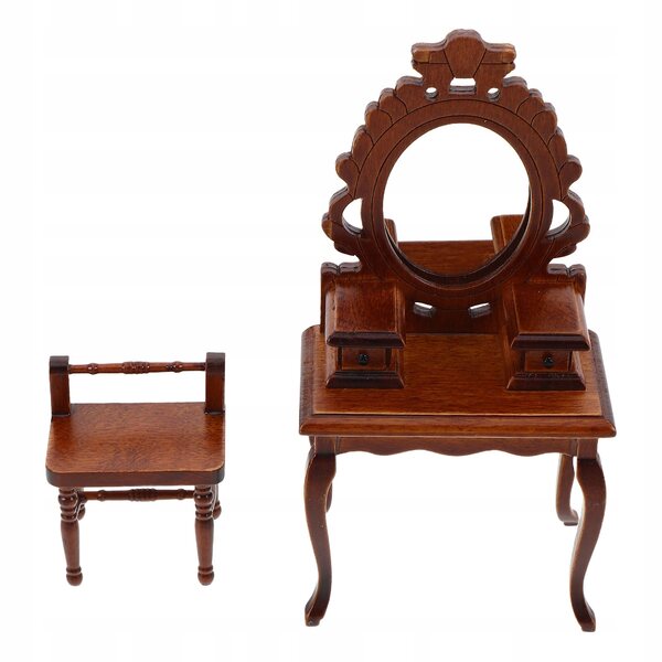 Toeletta vittoriana in legno in miniatura per una casa delle bambole con specchio
