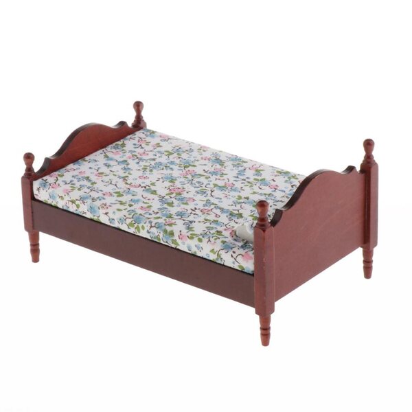 1:12 Miniatur-Einzelbett aus Holz mit rosa Muster für Puppenhaus