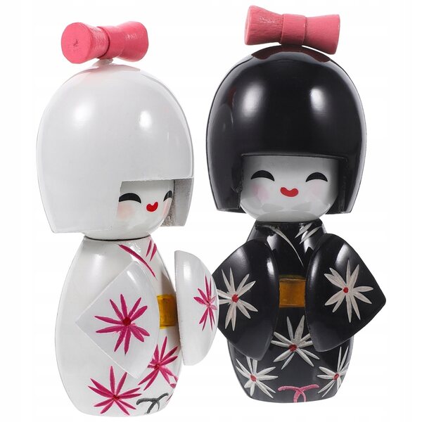 Lotto 2 Bambole Giapponesi in Kimono in Legno - Decorazione Tradizionale Artigianale