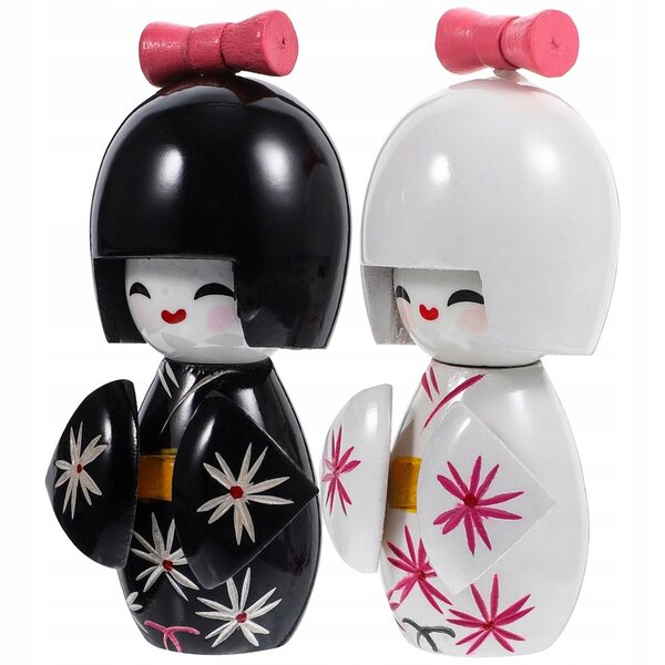 Lotto 2 Bambole Giapponesi in Kimono in Legno - Decorazione Tradizionale Artigianale