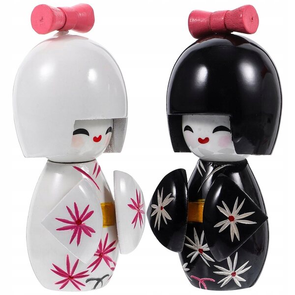 Lotto 2 Bambole Giapponesi in Kimono in Legno - Decorazione Tradizionale Artigianale