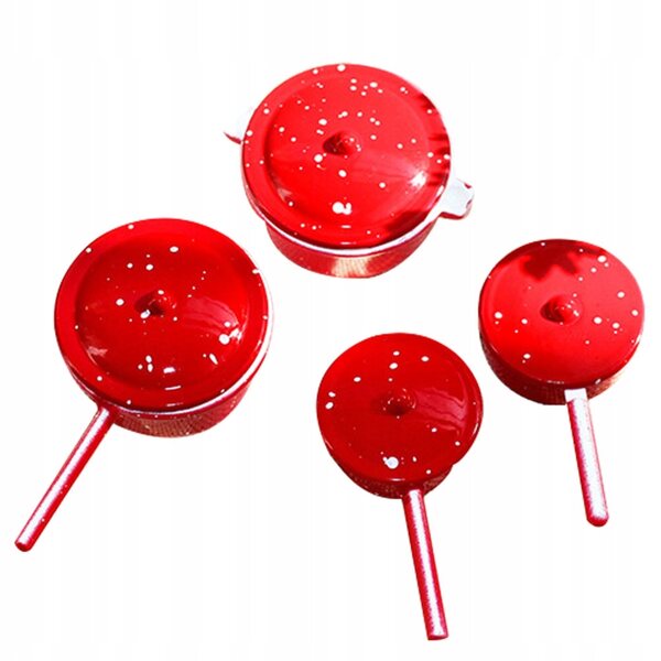 Set 4 Mini Pentole Rosse in Metallo per Casa delle Bambole Decorazioni Cucina
