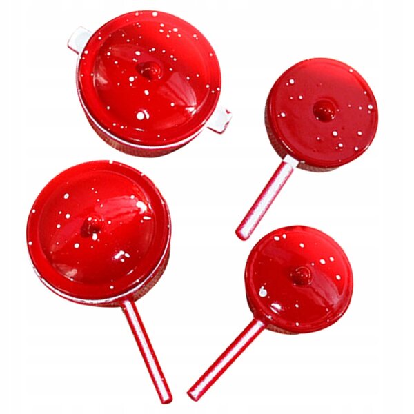 Set 4 Mini Pentole Rosse in Metallo per Casa delle Bambole Decorazioni Cucina