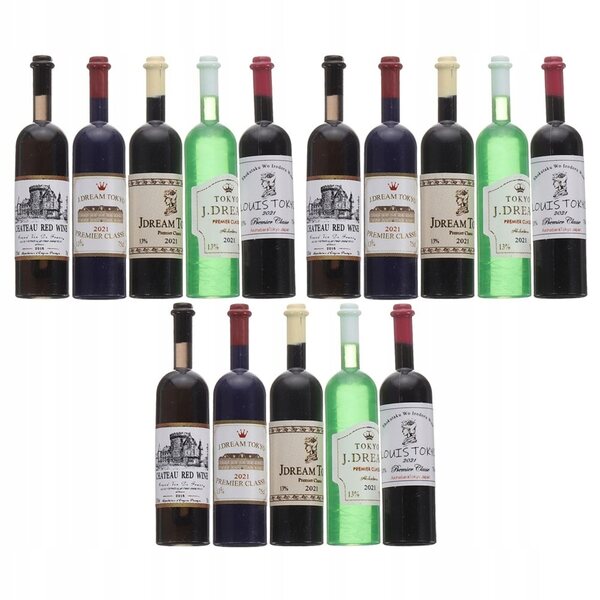 Set 15 Mini Bottiglie di Vino Rosso in Plastica per Casa delle Bambole 1:12