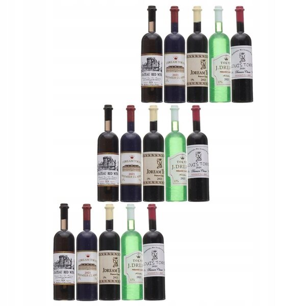 Set 15 Mini Bottiglie di Vino Rosso in Plastica per Casa delle Bambole 1:12