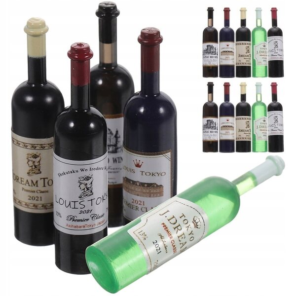 Set 15 Mini Bottiglie di Vino Rosso in Plastica per Casa delle Bambole 1:12