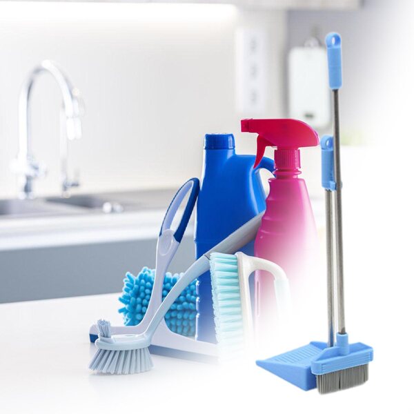 Miniatuur bezem en blik voor poppenhuis 1:12 blauw in PLA