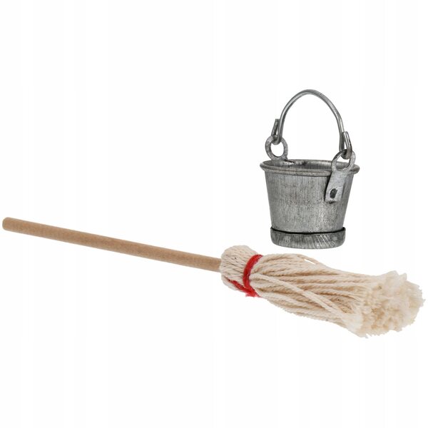 Miniaturespand- og moppesæt i træ og jern til dukkehuse