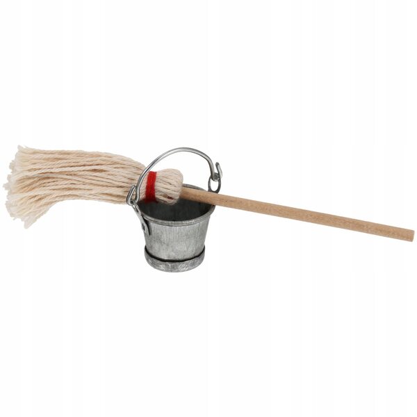 Miniaturespand- og moppesæt i træ og jern til dukkehuse