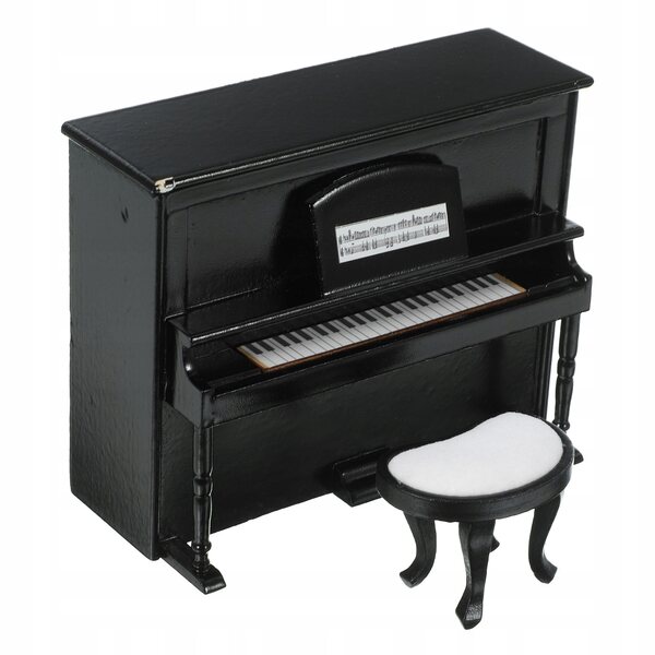 Mini pianoforte e sgabello in legno per casa delle bambole, decorazione nera