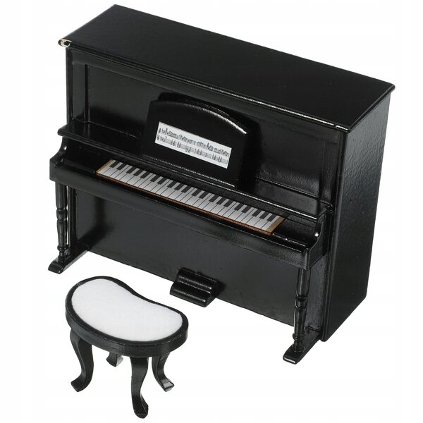 Mini pianoforte e sgabello in legno per casa delle bambole, decorazione nera