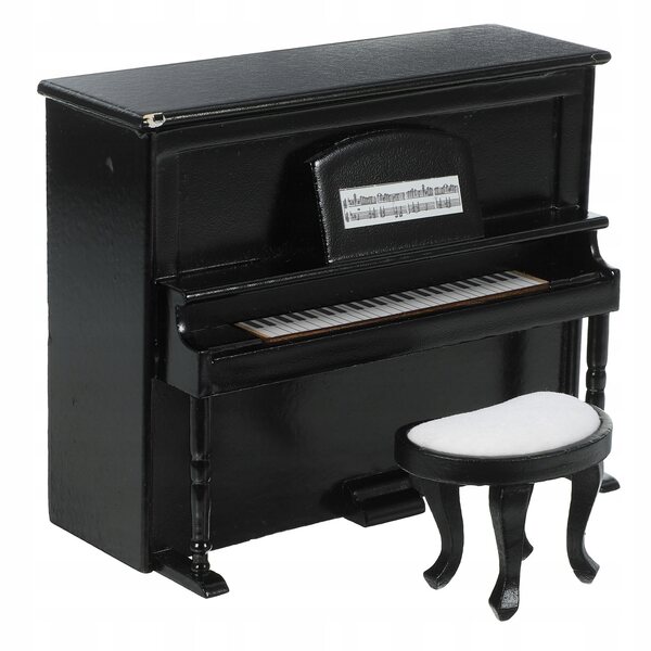 Mini pianoforte e sgabello in legno per casa delle bambole, decorazione nera