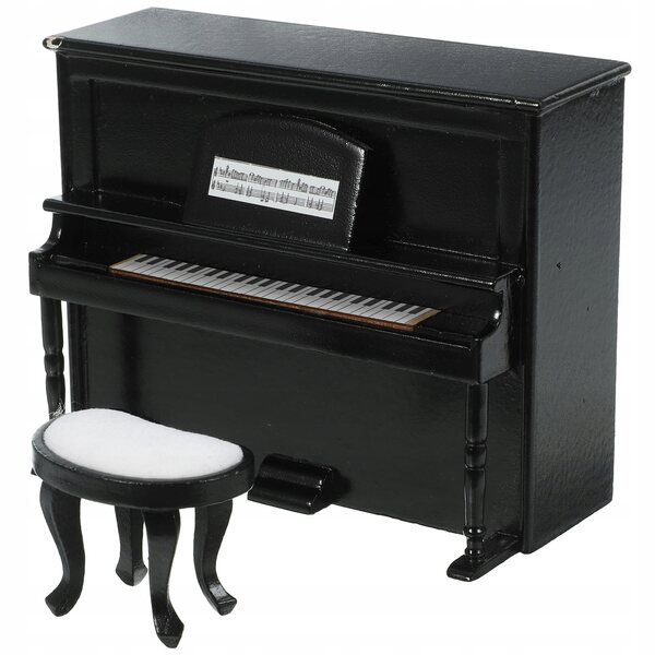 Mini pianoforte e sgabello in legno per casa delle bambole, decorazione nera