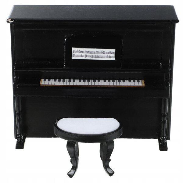 Mini pianoforte e sgabello in legno per casa delle bambole, decorazione nera