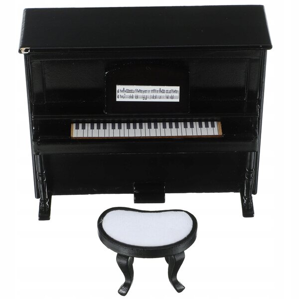 Mini pianoforte e sgabello in legno per casa delle bambole, decorazione nera
