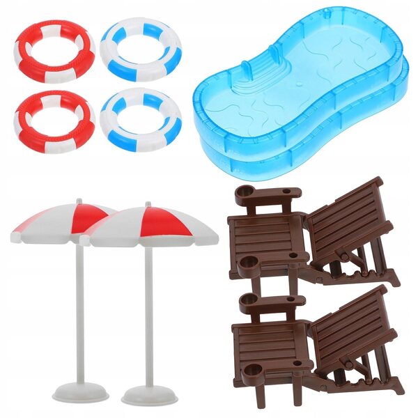 2 ZESTAWY DOMEK DLA LALEK BASEN MINIATUROWY PIERŚCIEŃ DO PŁYWANIA PARASOL PLAŻOWY KRZESŁO MO