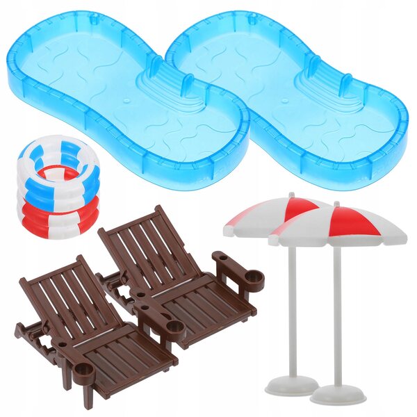 2 ZESTAWY DOMEK DLA LALEK BASEN MINIATUROWY PIERŚCIEŃ DO PŁYWANIA PARASOL PLAŻOWY KRZESŁO MO