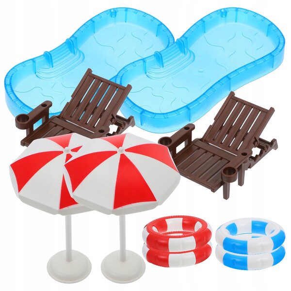 2 ZESTAWY DOMEK DLA LALEK BASEN MINIATUROWY PIERŚCIEŃ DO PŁYWANIA PARASOL PLAŻOWY KRZESŁO MO