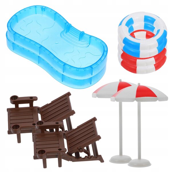 2 ZESTAWY DOMEK DLA LALEK BASEN MINIATUROWY PIERŚCIEŃ DO PŁYWANIA PARASOL PLAŻOWY KRZESŁO MO