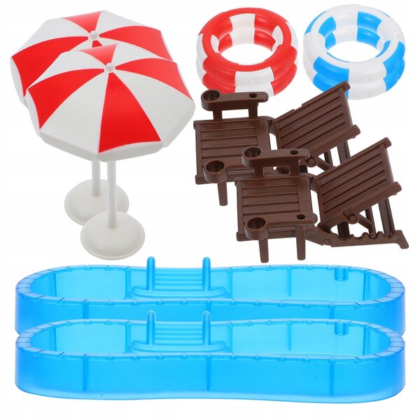 2 ZESTAWY DOMEK DLA LALEK BASEN MINIATUROWY PIERŚCIEŃ DO PŁYWANIA PARASOL PLAŻOWY KRZESŁO MO