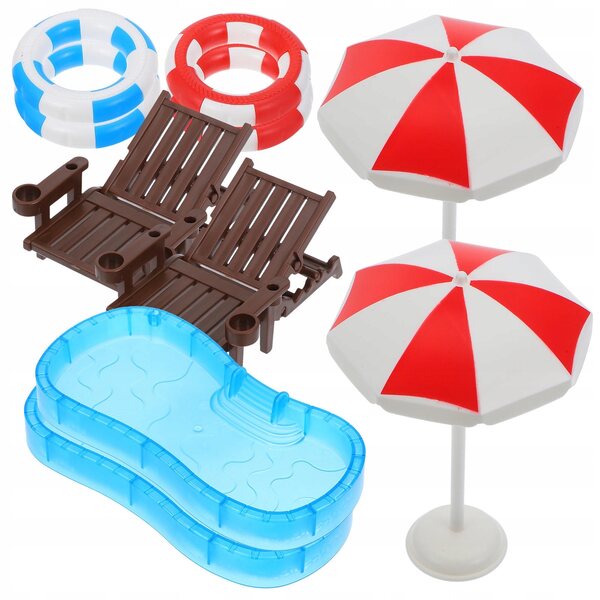 2 ZESTAWY DOMEK DLA LALEK BASEN MINIATUROWY PIERŚCIEŃ DO PŁYWANIA PARASOL PLAŻOWY KRZESŁO MO