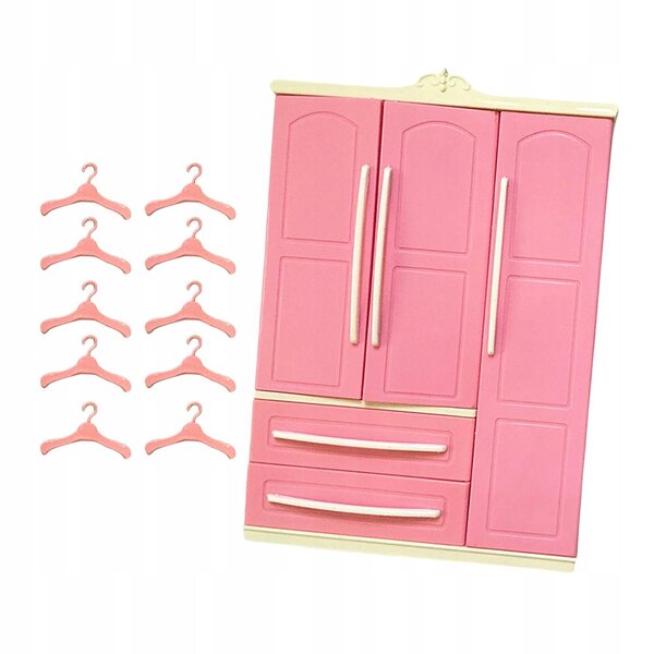 Kleiderschrank mit 10 rosa Kleiderbügeln für Puppenhaus, Kleidungsorganisator-Zubehör
