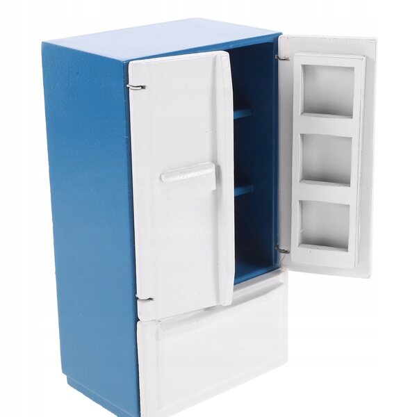 Blauer Mini-Kühlschrank aus Holz für Puppenhaus und Dekoration, 7,3 x 5,3 x 13,7 cm