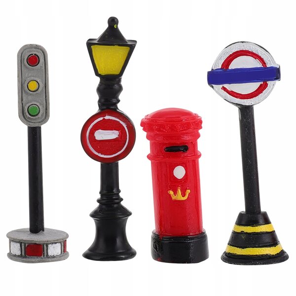 Lanternes miniatures et panneaux de signalisation en résine pour scénographie et modélisme
