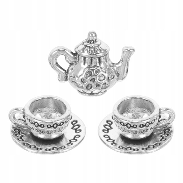 Set Miniatura per Tè in Metallo Argento con Teiera e Tazzine per Case delle Bambole