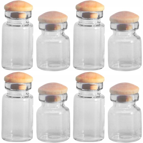Set 8 Mini Fiole in Vetro con Tappi in Legno per Decorazioni Miniature