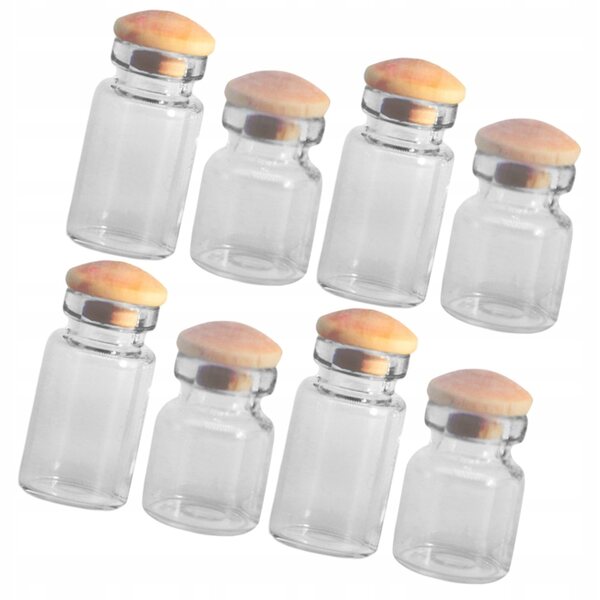 Set 8 Mini Fiole in Vetro con Tappi in Legno per Decorazioni Miniature