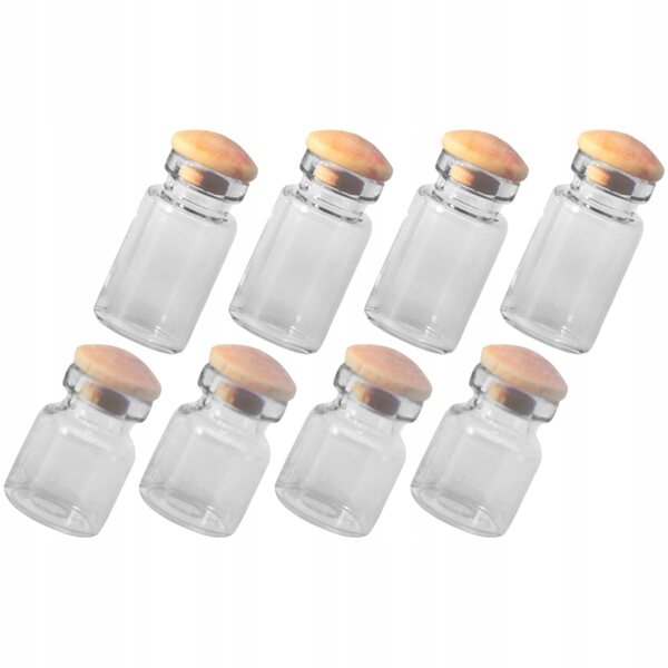 Set 8 Mini Fiole in Vetro con Tappi in Legno per Decorazioni Miniature