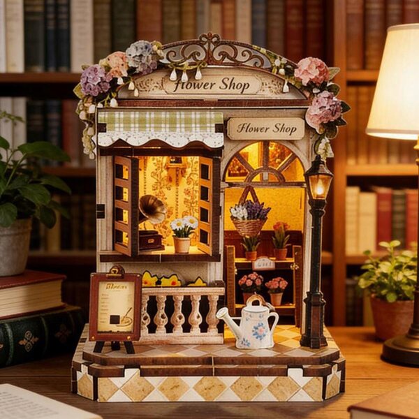 Kit per casa delle bambole fai-da-te in miniatura con illuminazione a LED Modello di negozio di fiori 3D