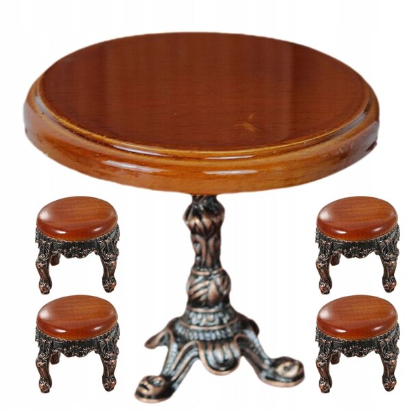 Mini ronde tafel en houten krukjes voor poppenhuis