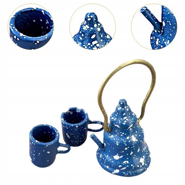 Set di tazzine da tè in metallo per casa delle bambole scala 1:12 con mini teiera