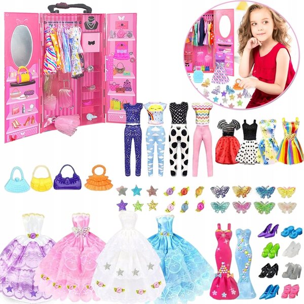 Puppengarderobe mit Kleidung, Schuhen und Accessoires – Komplettset in Geschenkbox