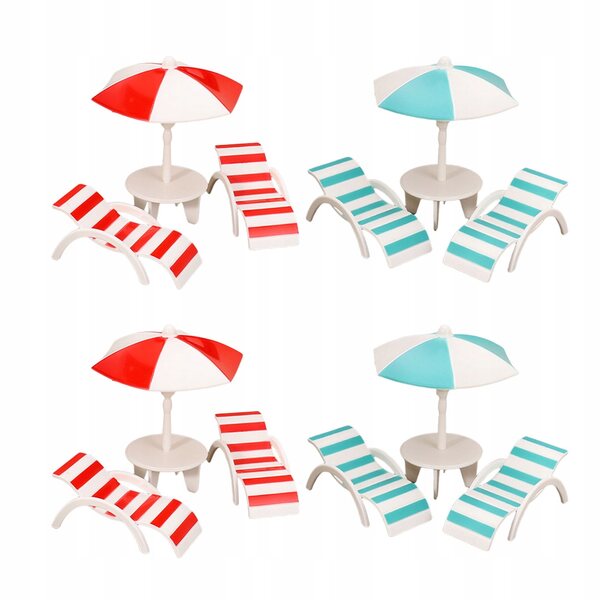 Set 4 Miniature Sedie Sdraio da Spiaggia con Ombrelloni per Casa delle Bambole