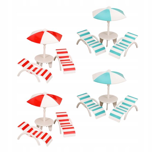 Set 4 Miniature Sedie Sdraio da Spiaggia con Ombrelloni per Casa delle Bambole
