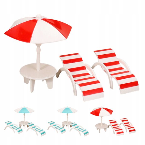 Set 4 Miniature Sedie Sdraio da Spiaggia con Ombrelloni per Casa delle Bambole