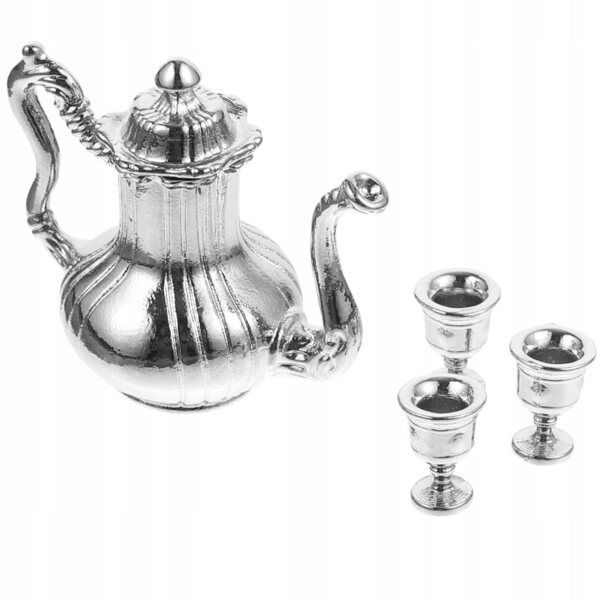 Miniatur-Teeservice mit Kaffeekanne aus Metall für Vintage-Puppenhaus