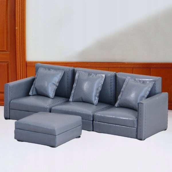 Graues modulares Miniatursofa im Maßstab 1:12 für ein Puppenhaus, 3 Sitze aus PU und Holz