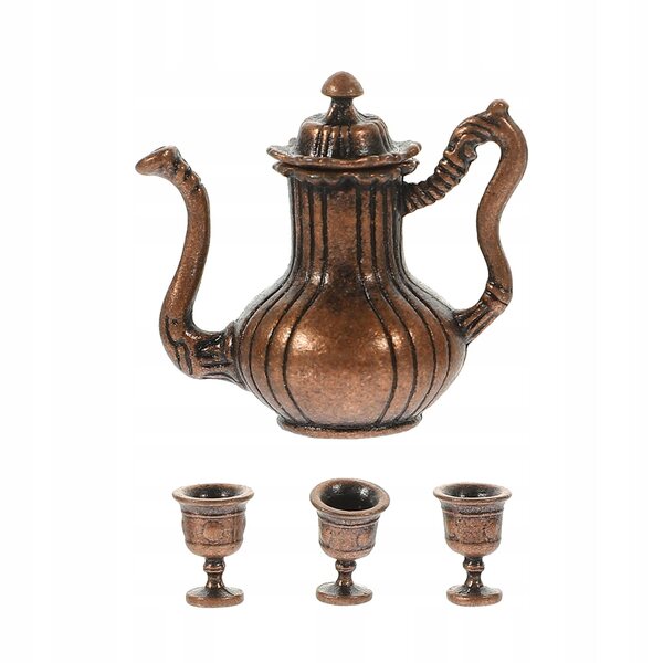 Mini set da tè in metallo scuro per decorazioni e case di bambole