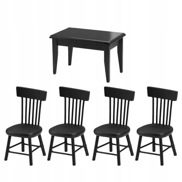 Set mini tavolo e sedie in legno nero per case delle bambole e decorazioni
