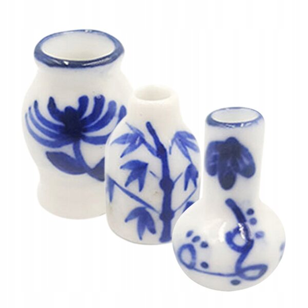 Set 3 Mini Vasi in Ceramica Blu per Decorazione Casa delle Bambole