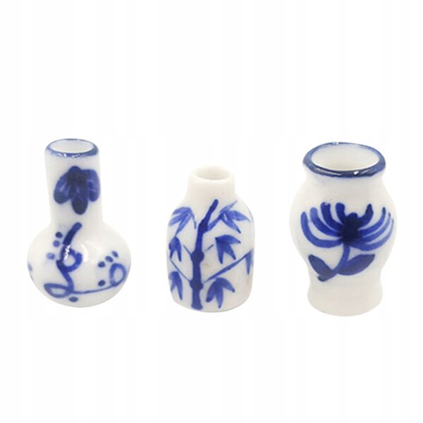 Set 3 Mini Vasi in Ceramica Blu per Decorazione Casa delle Bambole