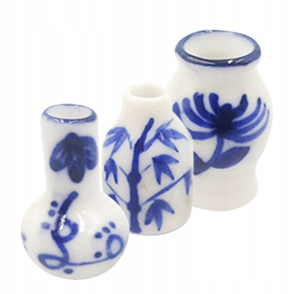 Set 3 Mini Vasi in Ceramica Blu per Decorazione Casa delle Bambole